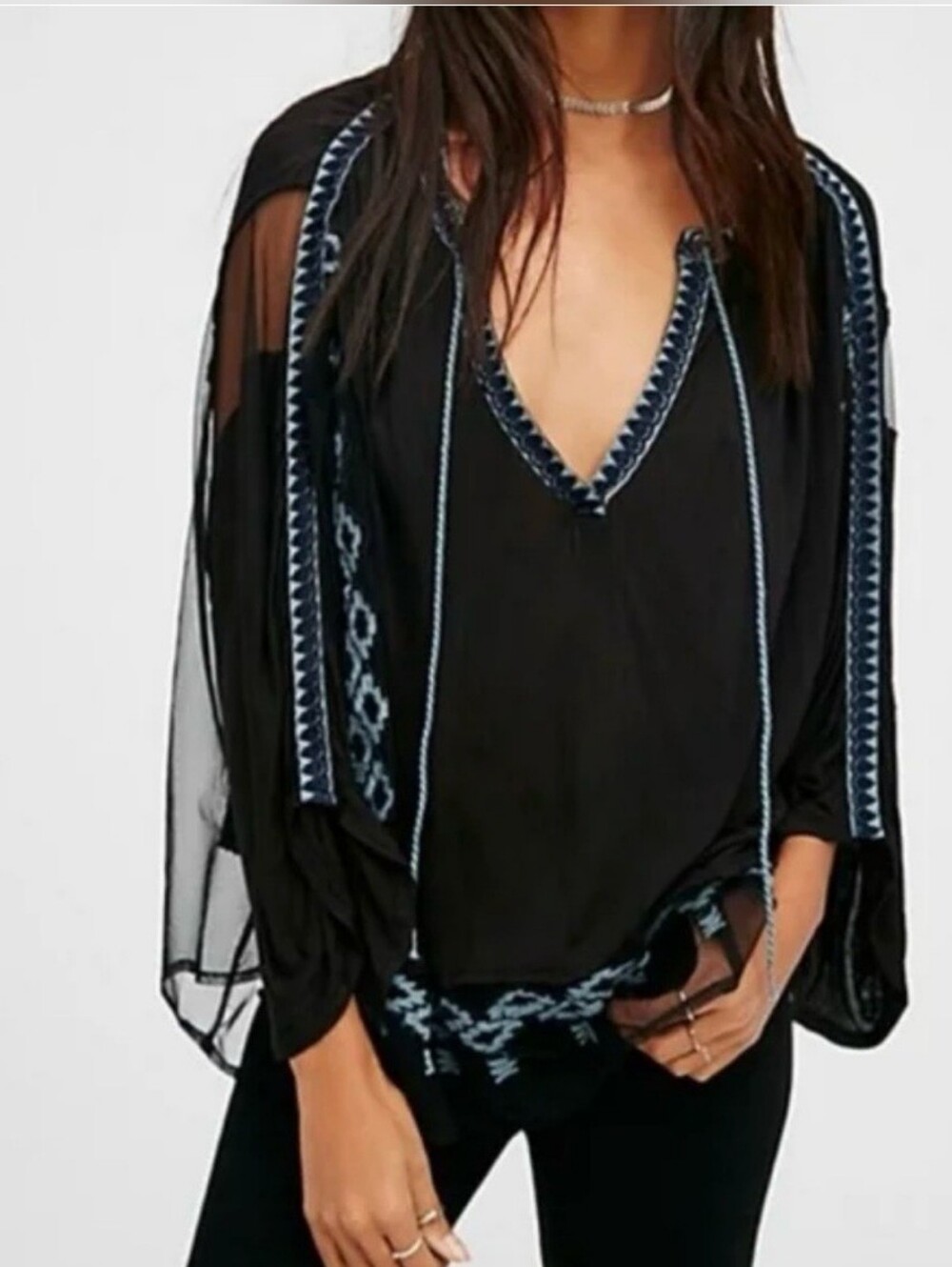 Free People Eden Black V-Neck Sheer Sleeve Embroidered Blouse Sz XS/TP